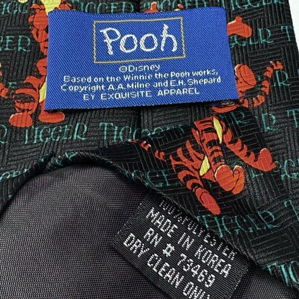 Pooh Disney Tigger VTG 90s Necktie Black Multicolor Tigger Name Repeated Pattern